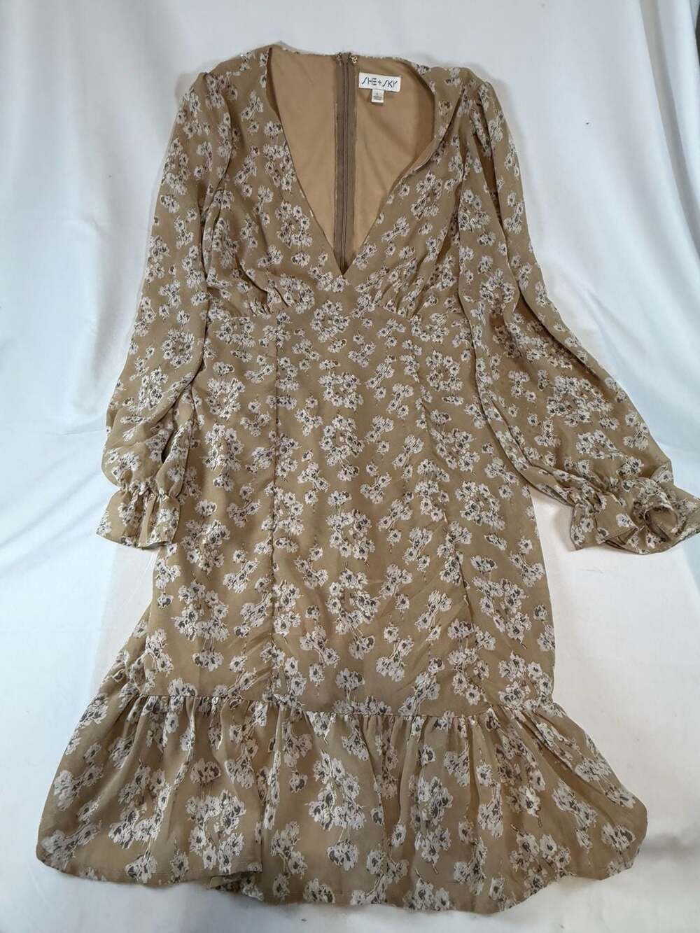 She + Sky Womens Floral Dress Size L Tan Long Sleeve V-Neck Ruffle Mini Cottagec